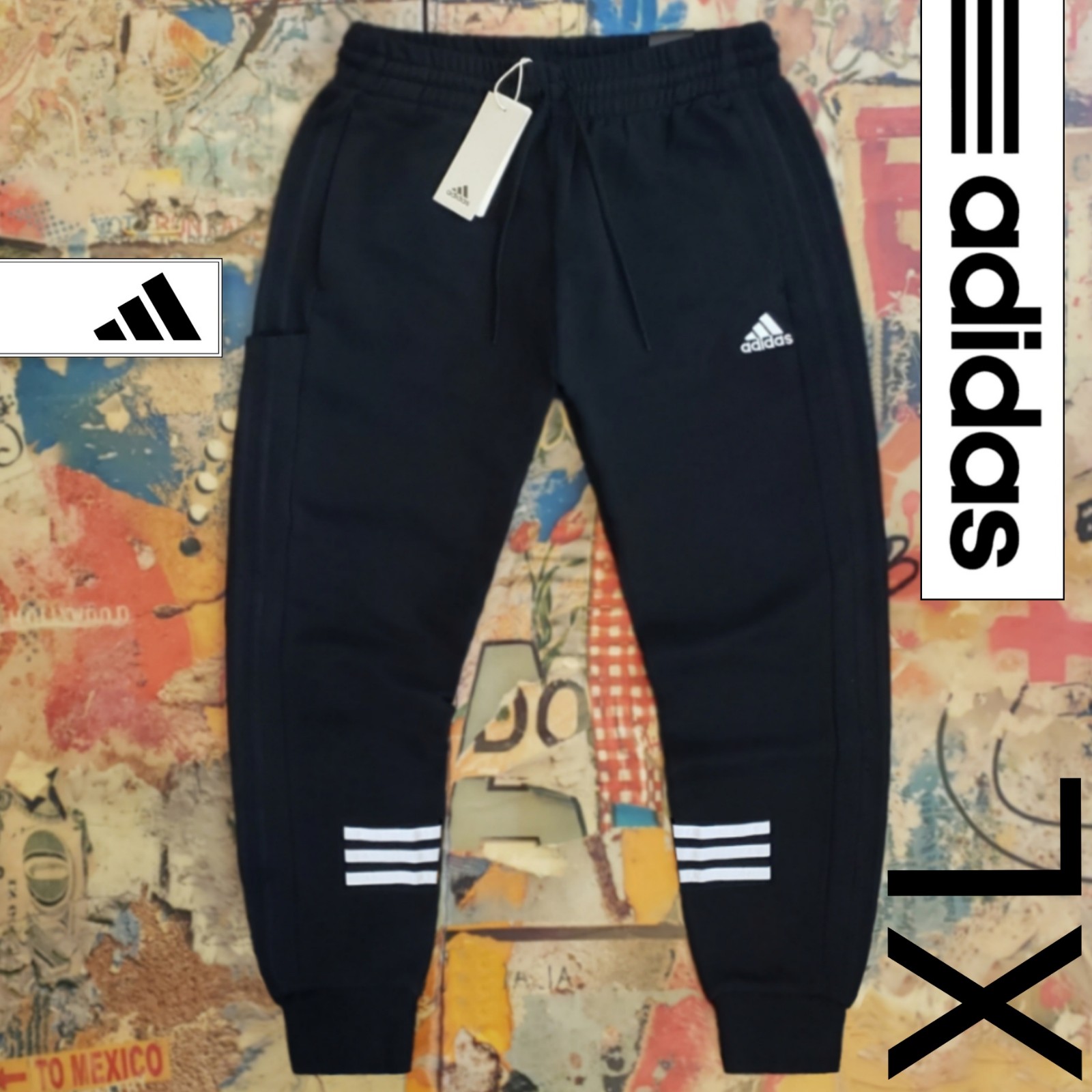 60 New Adidas Mens 'Comfort' Fleece Black Joggers! XL