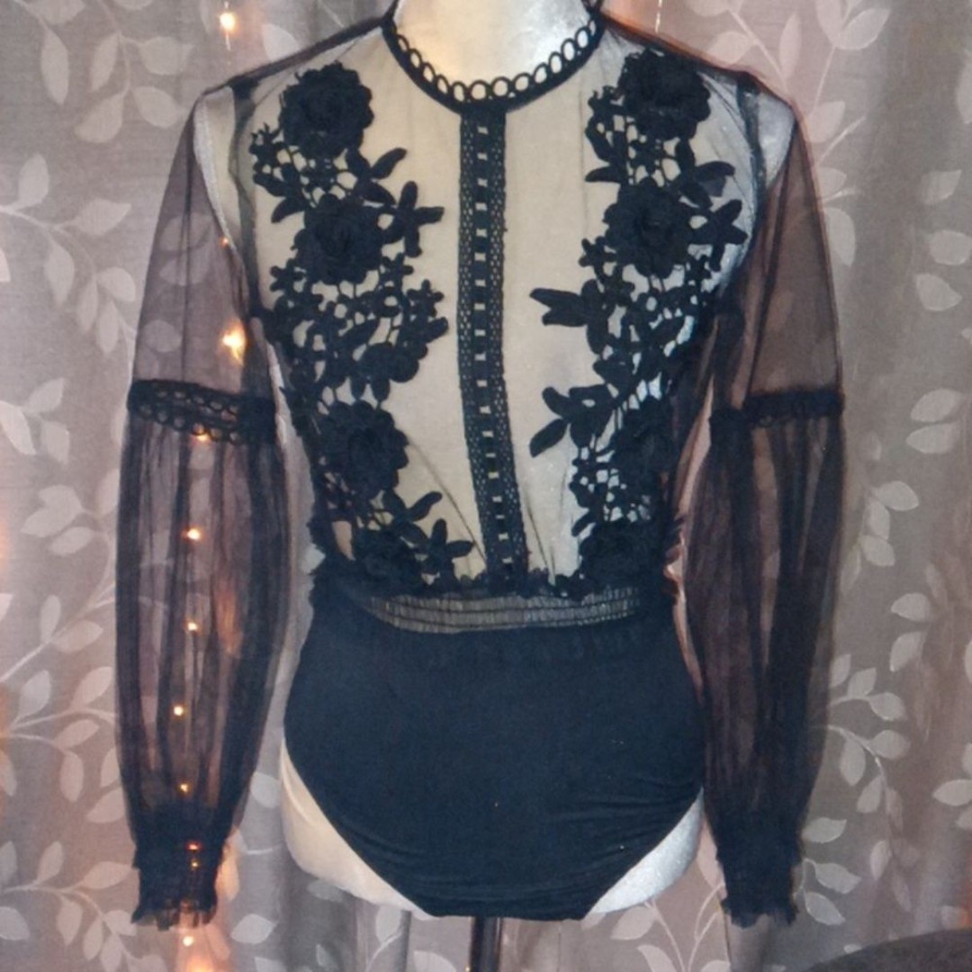 ~Vera Lucy Small Sheer Black Bodysuit