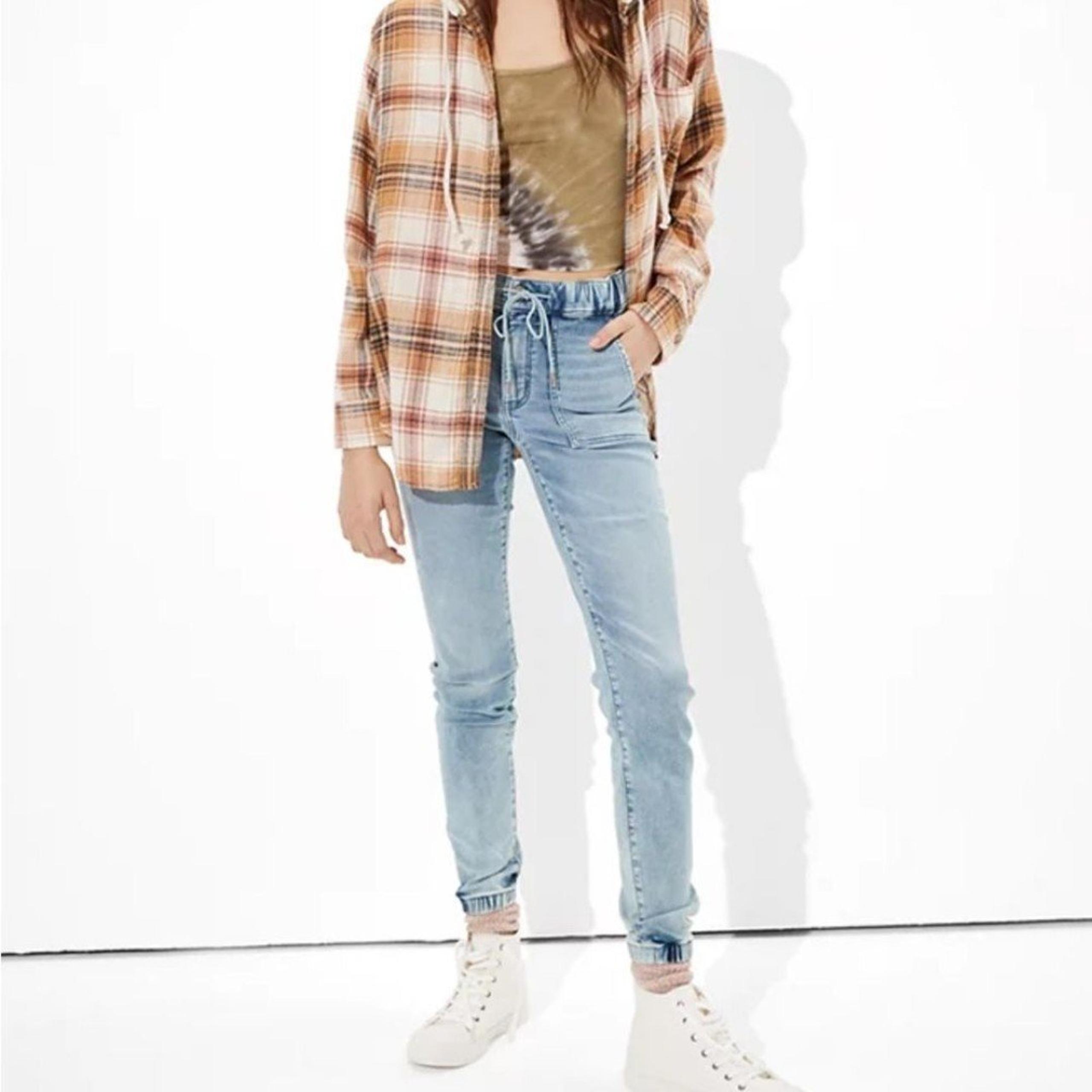 American Eagle Women's Oversized Hood Tan Flannel Button Down Shirt Size XL EUC