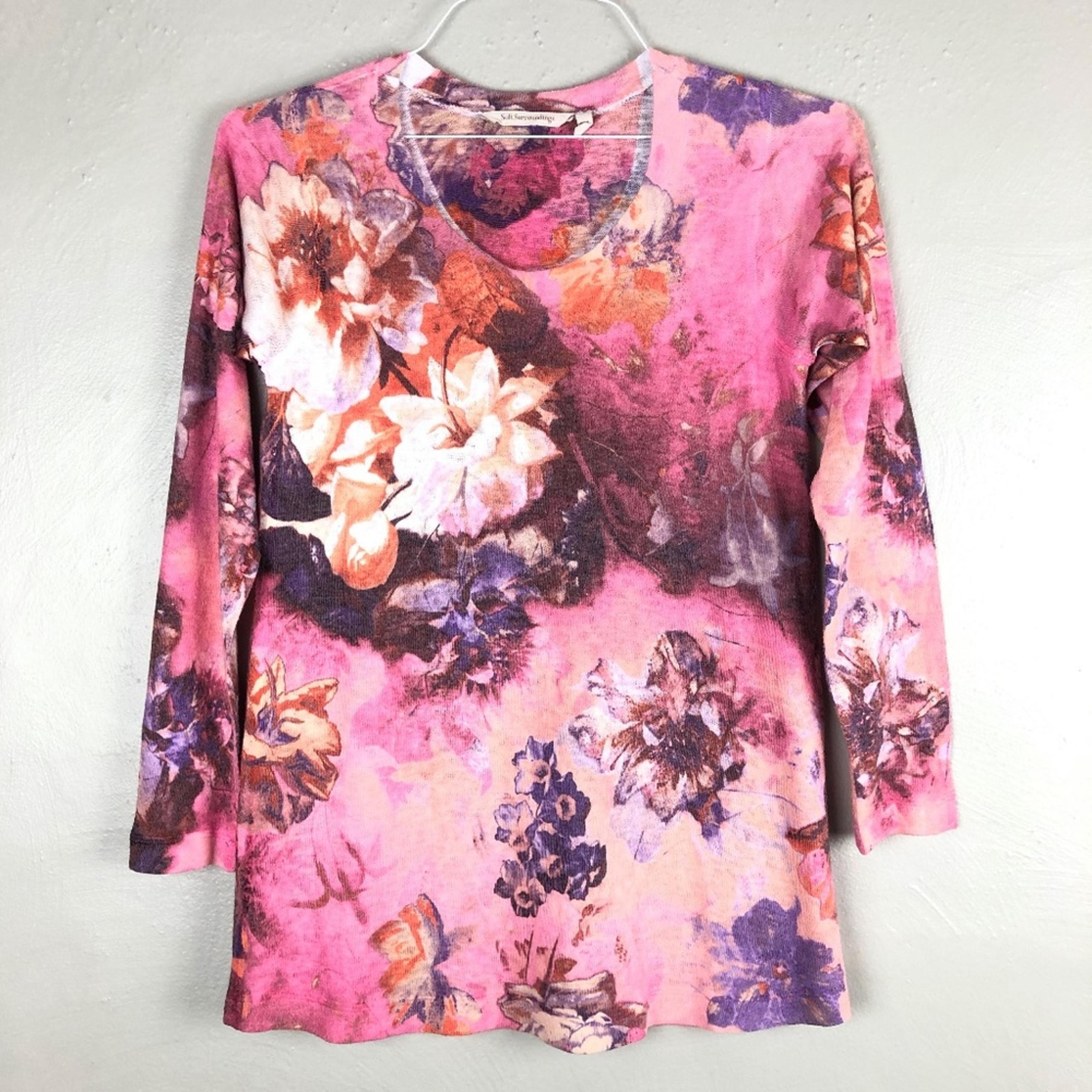Soft Surroundings Pink White Floral Crew Neck Long Sleeve Romanza Tunic Sweater