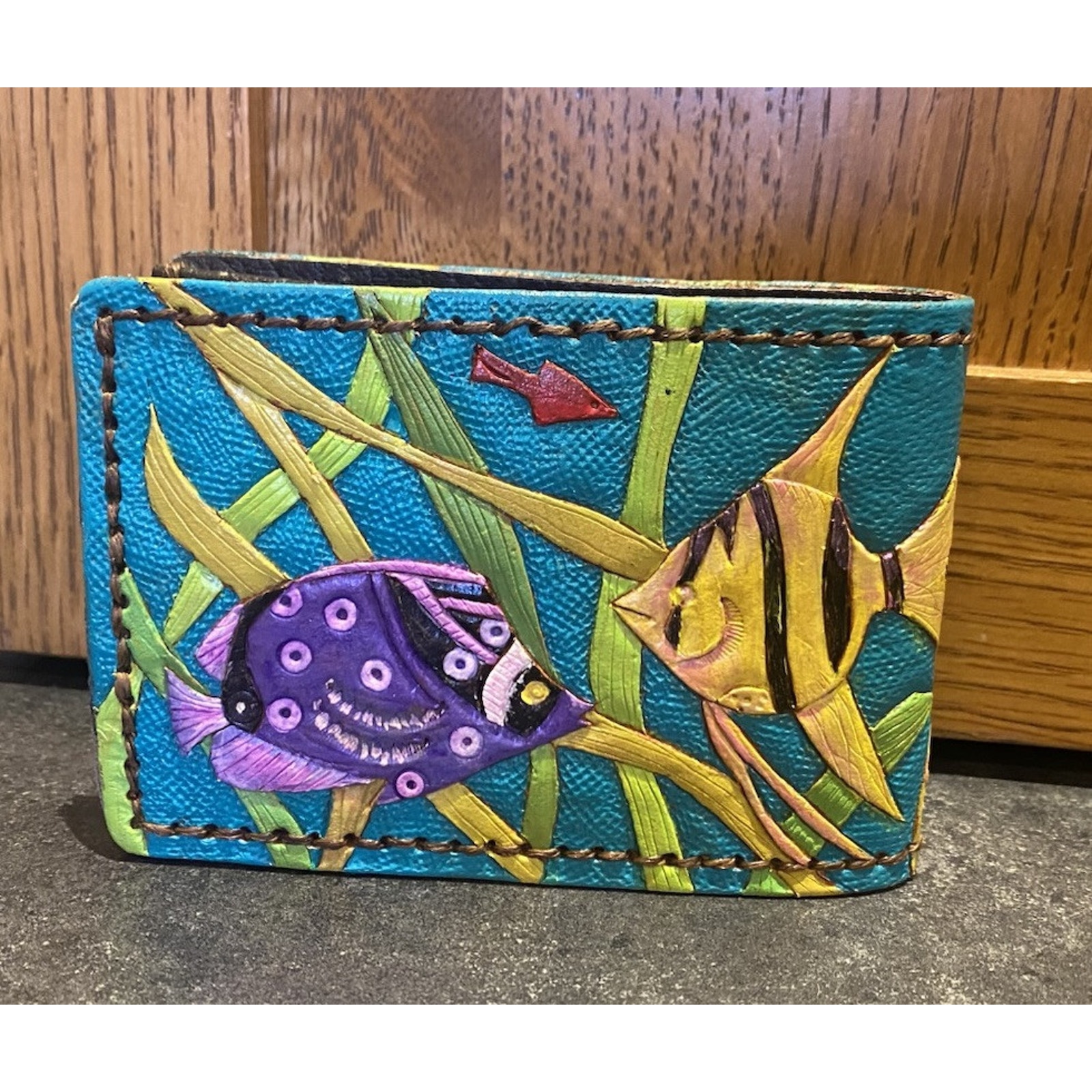 Tooled Leather Wallet Ocean Tropical Fish Hand painted
