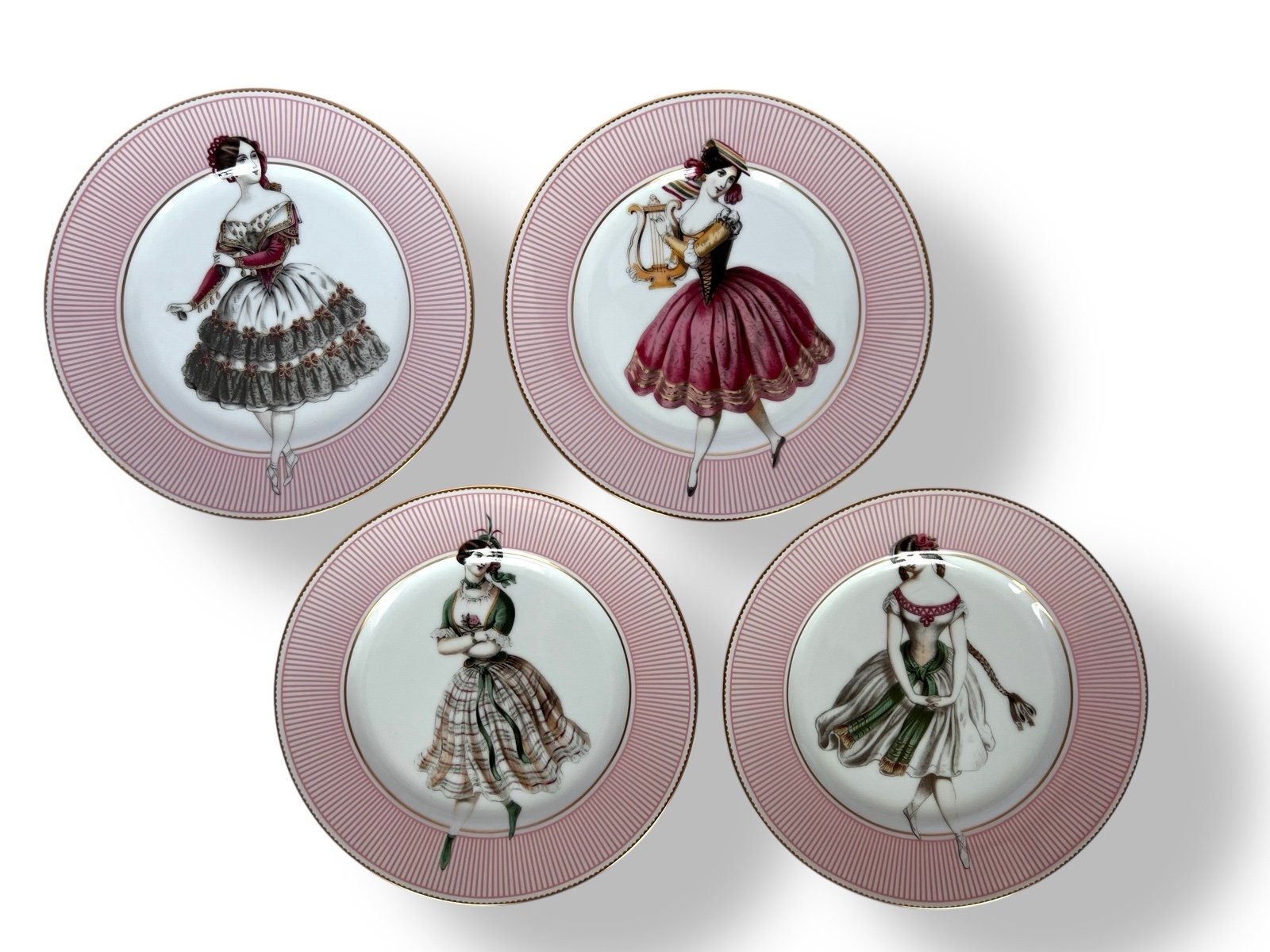 RARE Set of 4 Pink Striped Danseuse Plates by Fitz & Floyd