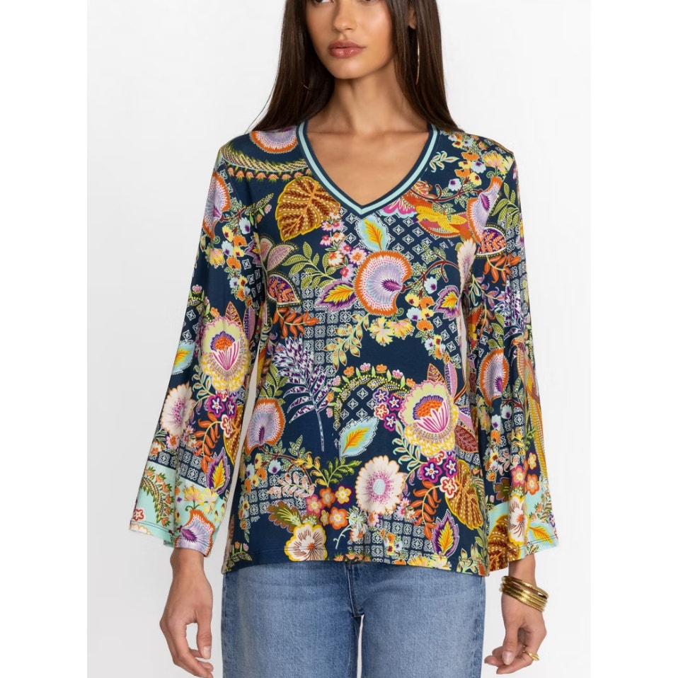 JOHNNY WAS Janice Favorite V Neck Tee Small Kimono Long Sleeve Top Boho Floral