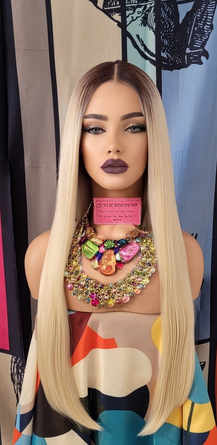 Celebrity wowfactor Long straight h.d blonde brown root lace front wig