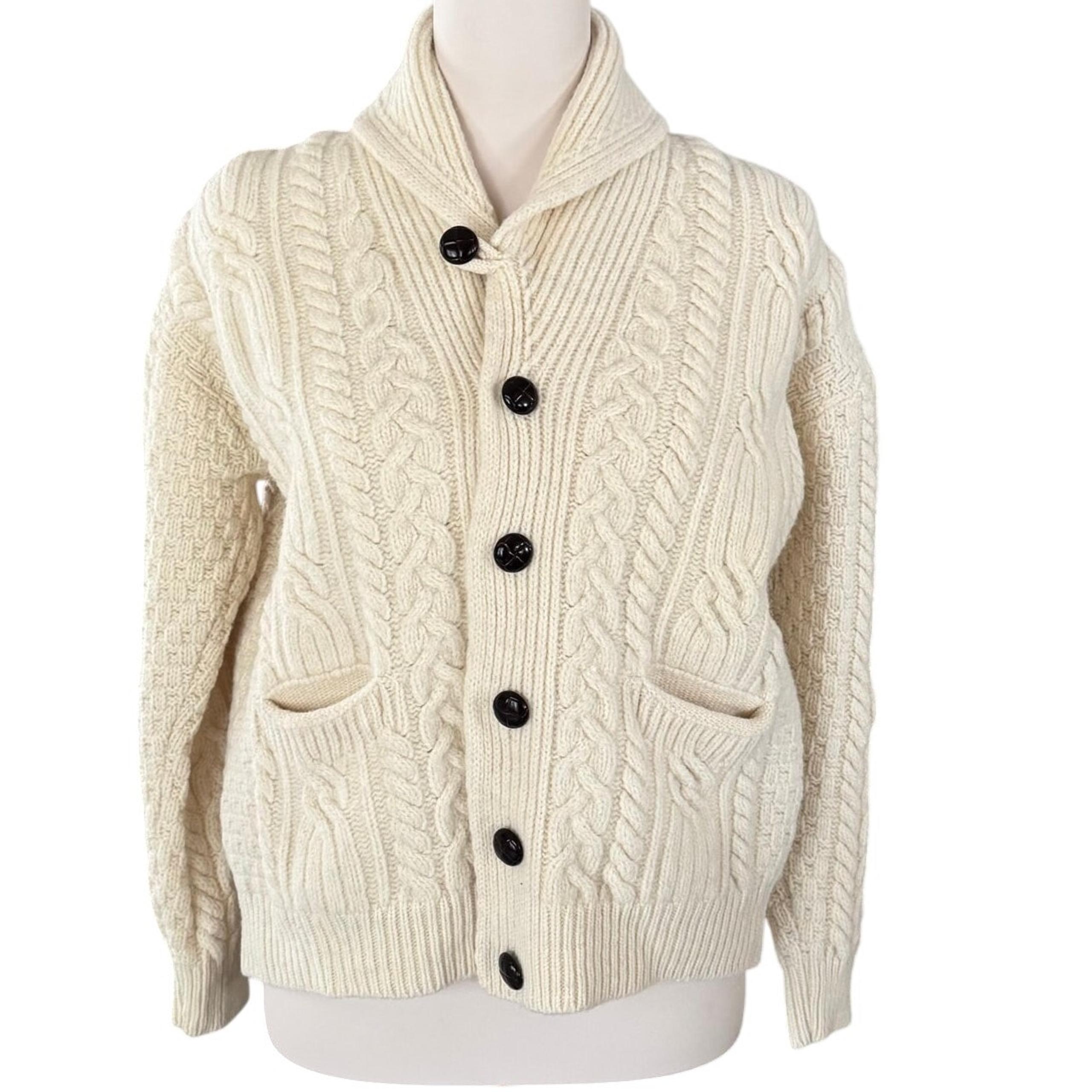 Orvis Merino Wool Fisherman Beige Cardigan Sweater Womens Size M Cable Knit