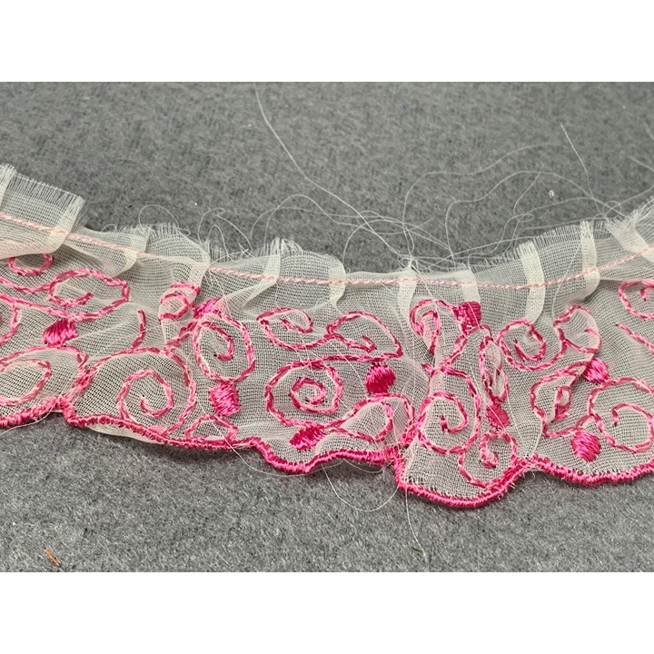 Vintage 1.5 Pink & White Frilly Embroidered Tulle Lace Trim 34 Yards Spiral Des