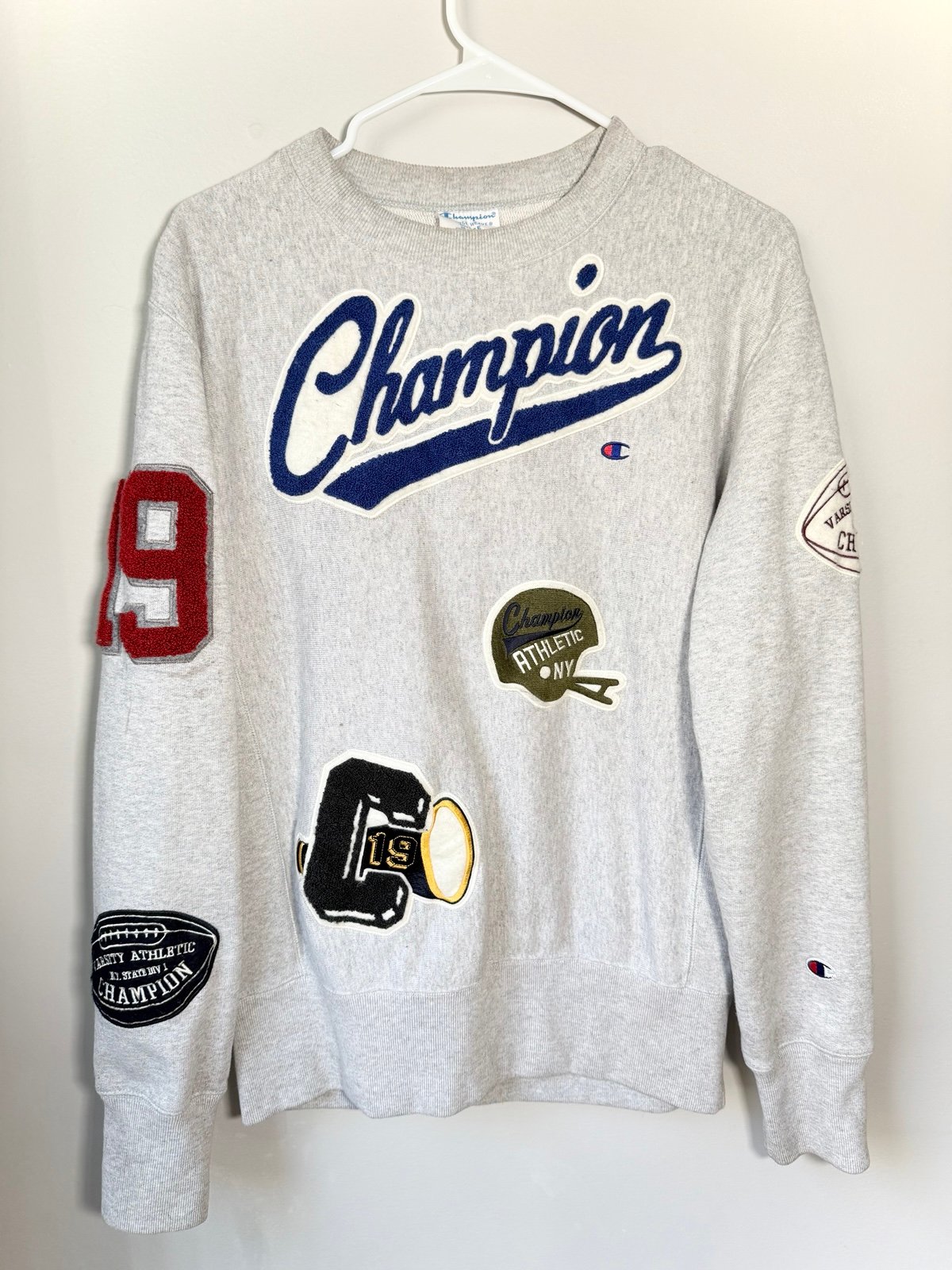 Champion Reverse Weave Vintage Patch Crew Neck Sweatshirt Pullover Gray LARGE L
