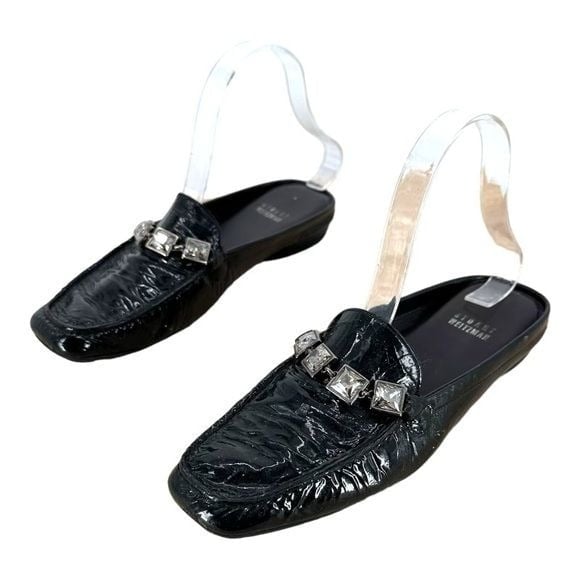 Stuart Weitzman | 6.5 Black Patent Rhinestone Loafers Mules