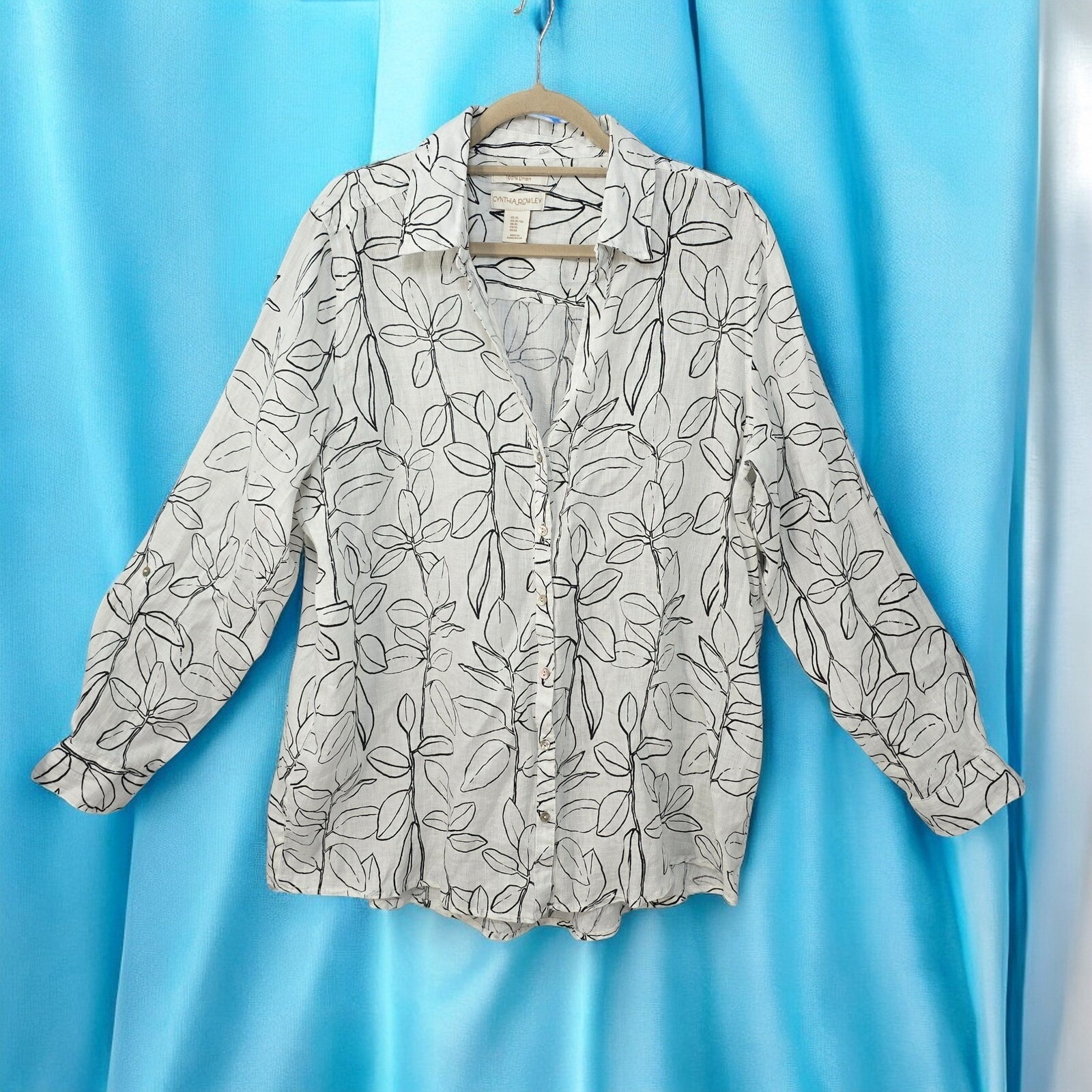Cynthia Rowley Linen Button Down Top Floral Print Long Sleeve Woman XL White