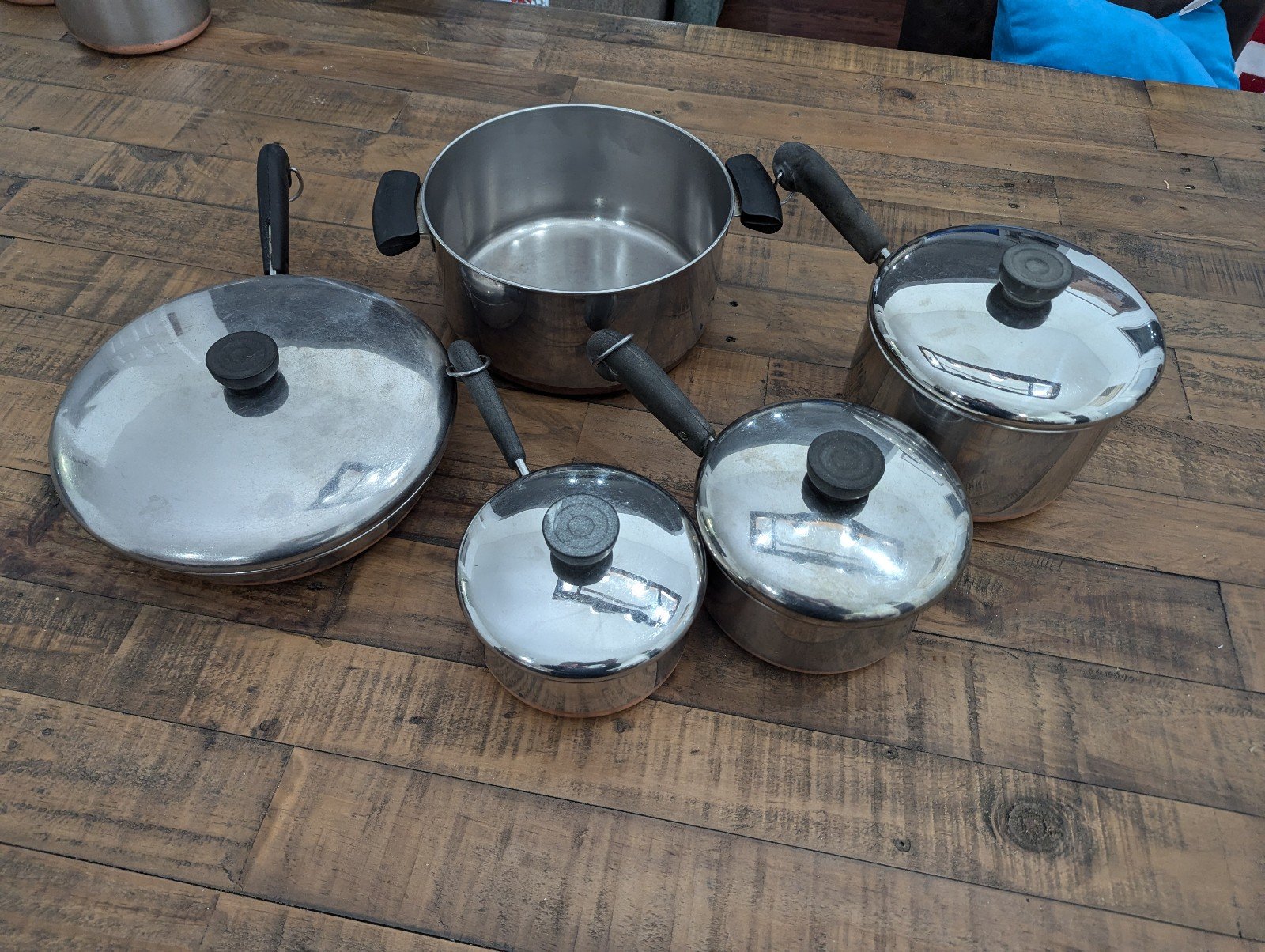 Vintage Revere Ware 1801 Copper Bottom Cookware 9 Piece Set Pots and Pans.