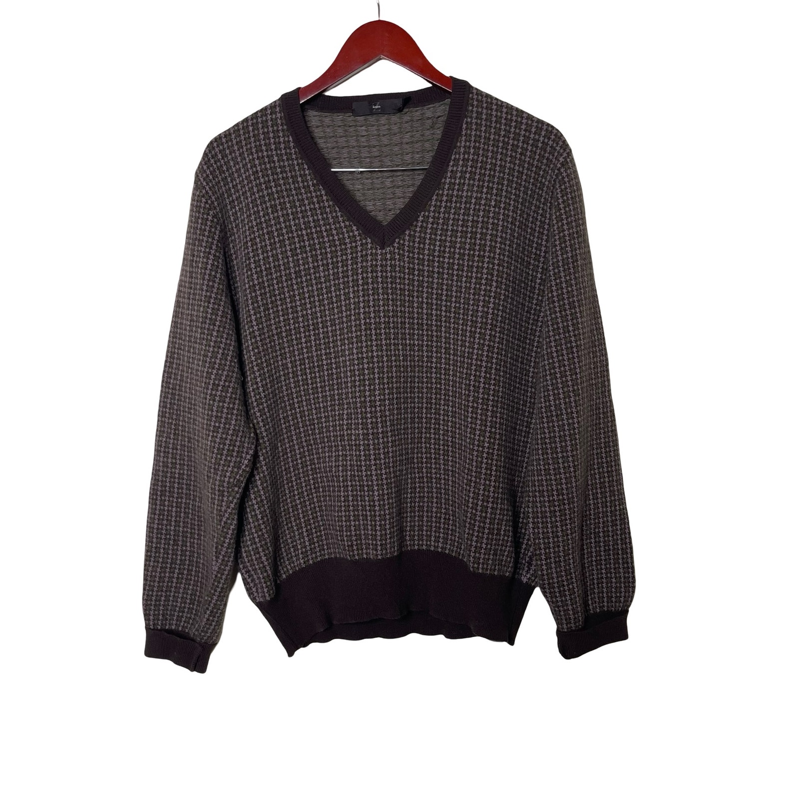 Zegna wool angora v neck sweater in brown green sz L