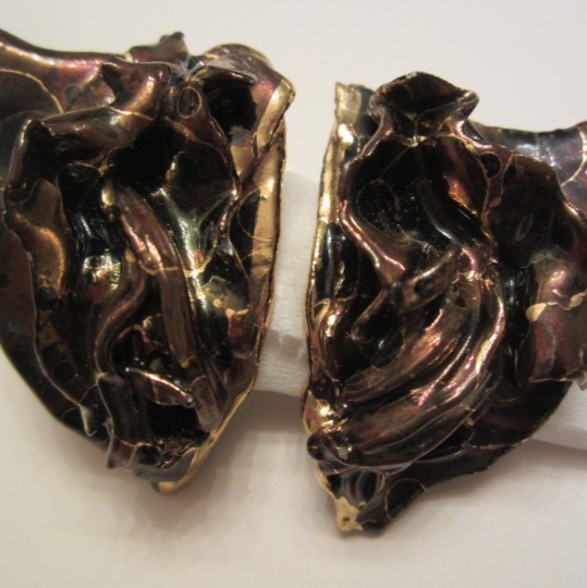 Vintage Amy Lacombe Abstract Gold/Copper Ceramic Artisan Earrings/Pierced