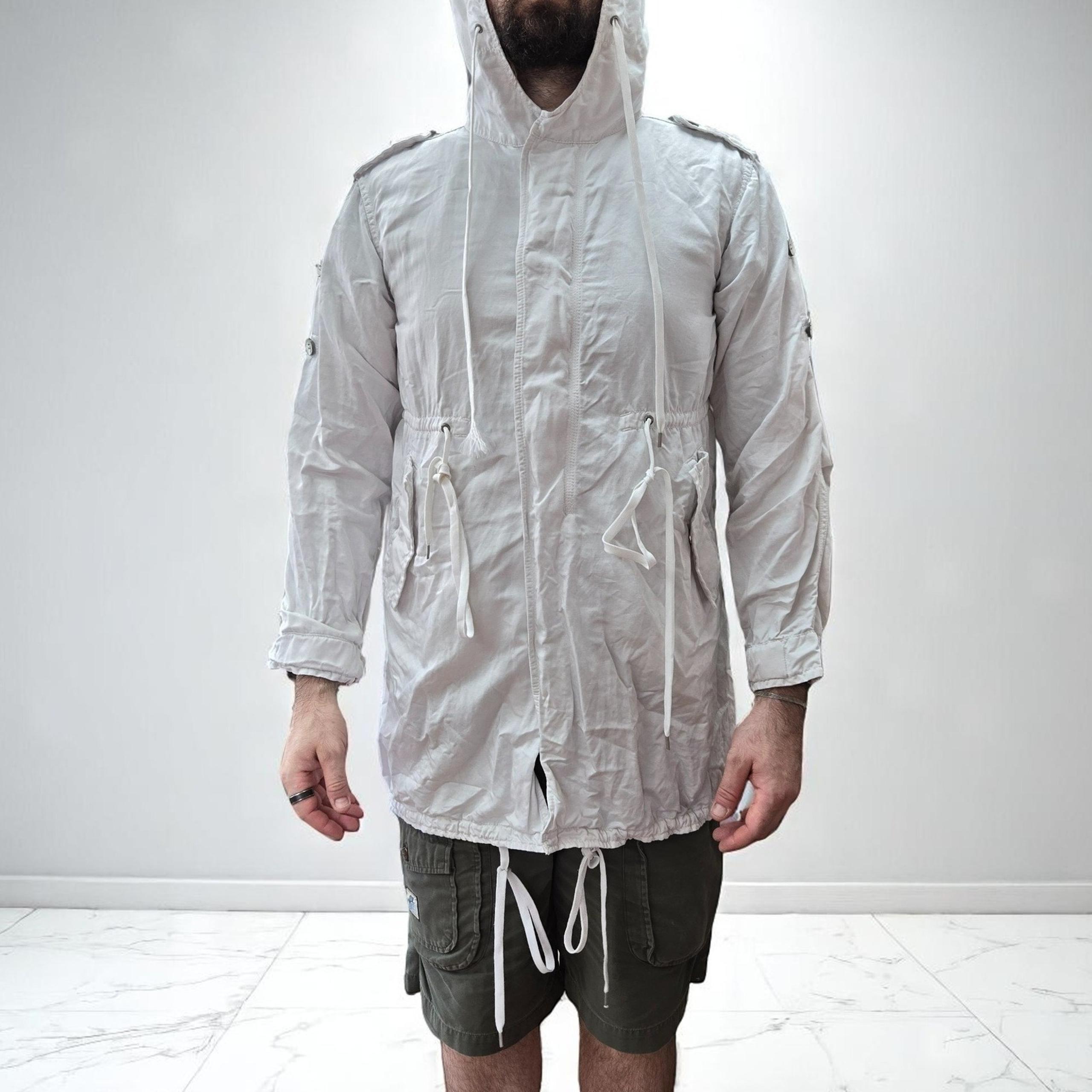 Diesel Hooded Parka Jacket White Linen Cotton Zip Drawstring India S 20x32 Y2K