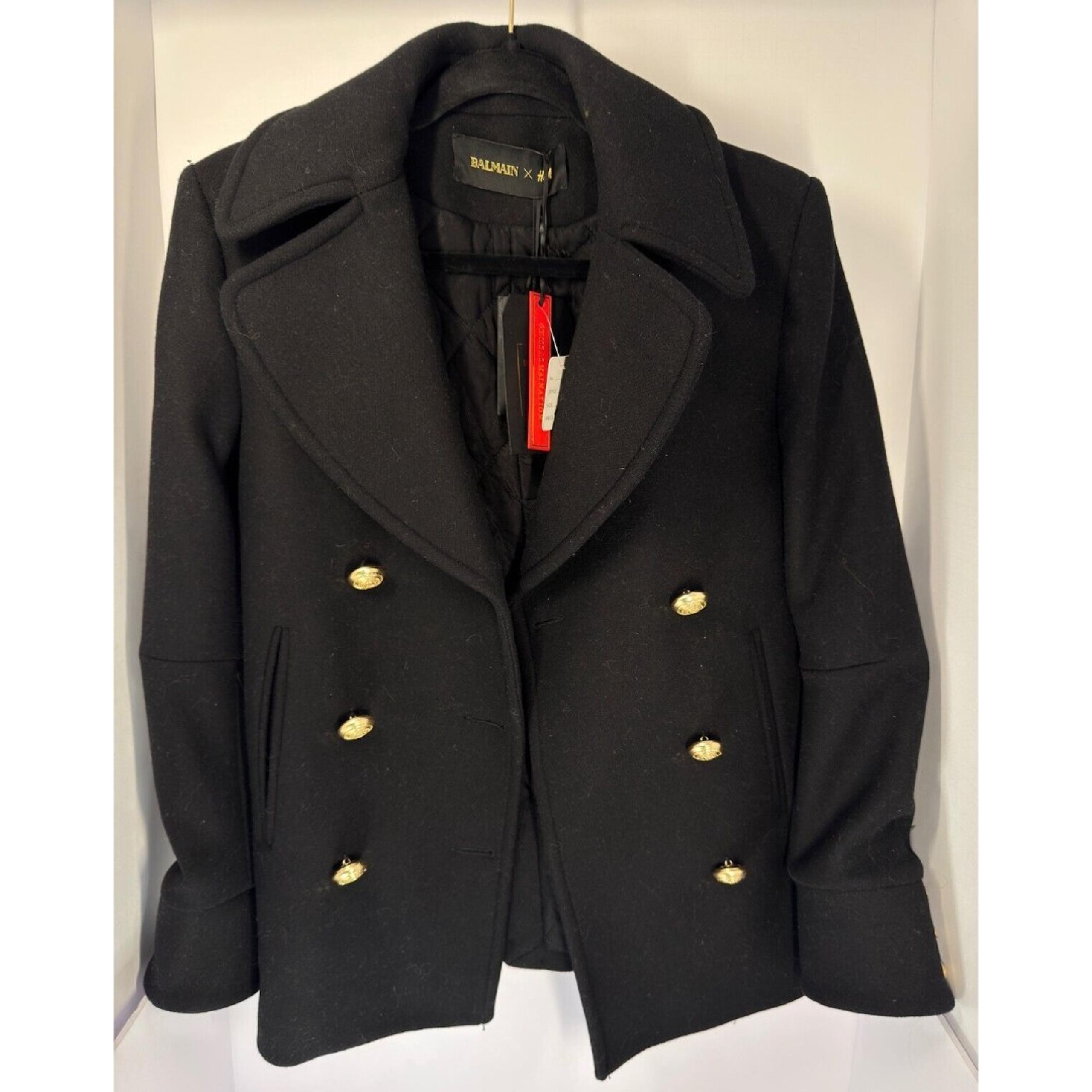 Authentic Balmain x H&M Women's Black Wool-Blend Pea Coat Size 2 NWT RARE
