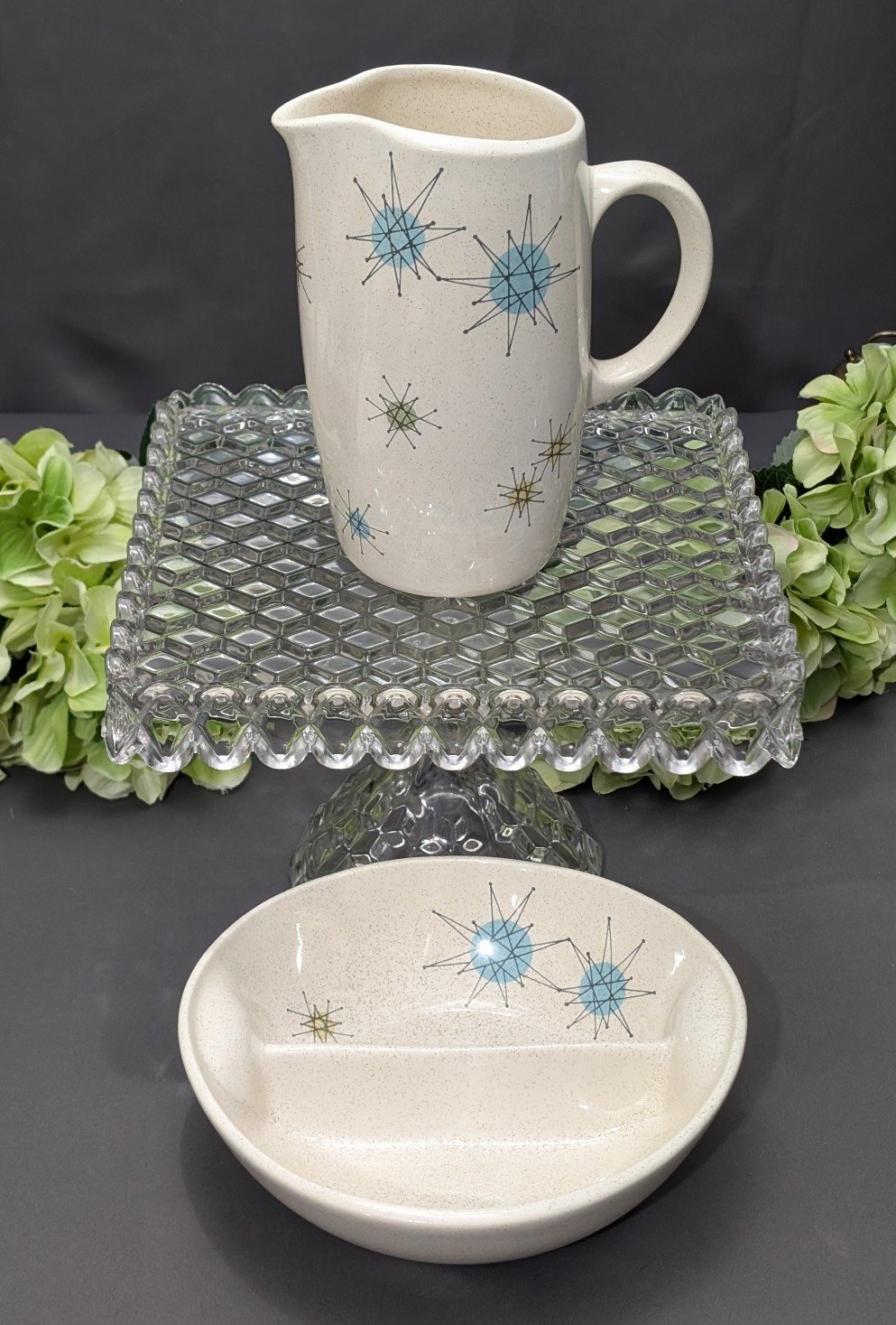 Vintage Franciscan Atomic Starburst Pitcher & Divided Casserole Serving Dish