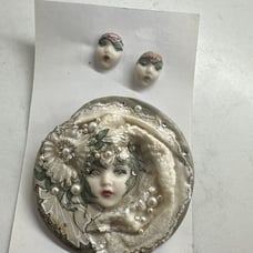 Vintage Adagio Sculpted Doll Face Brooch Pin/Earrings Handmade Signed Gift