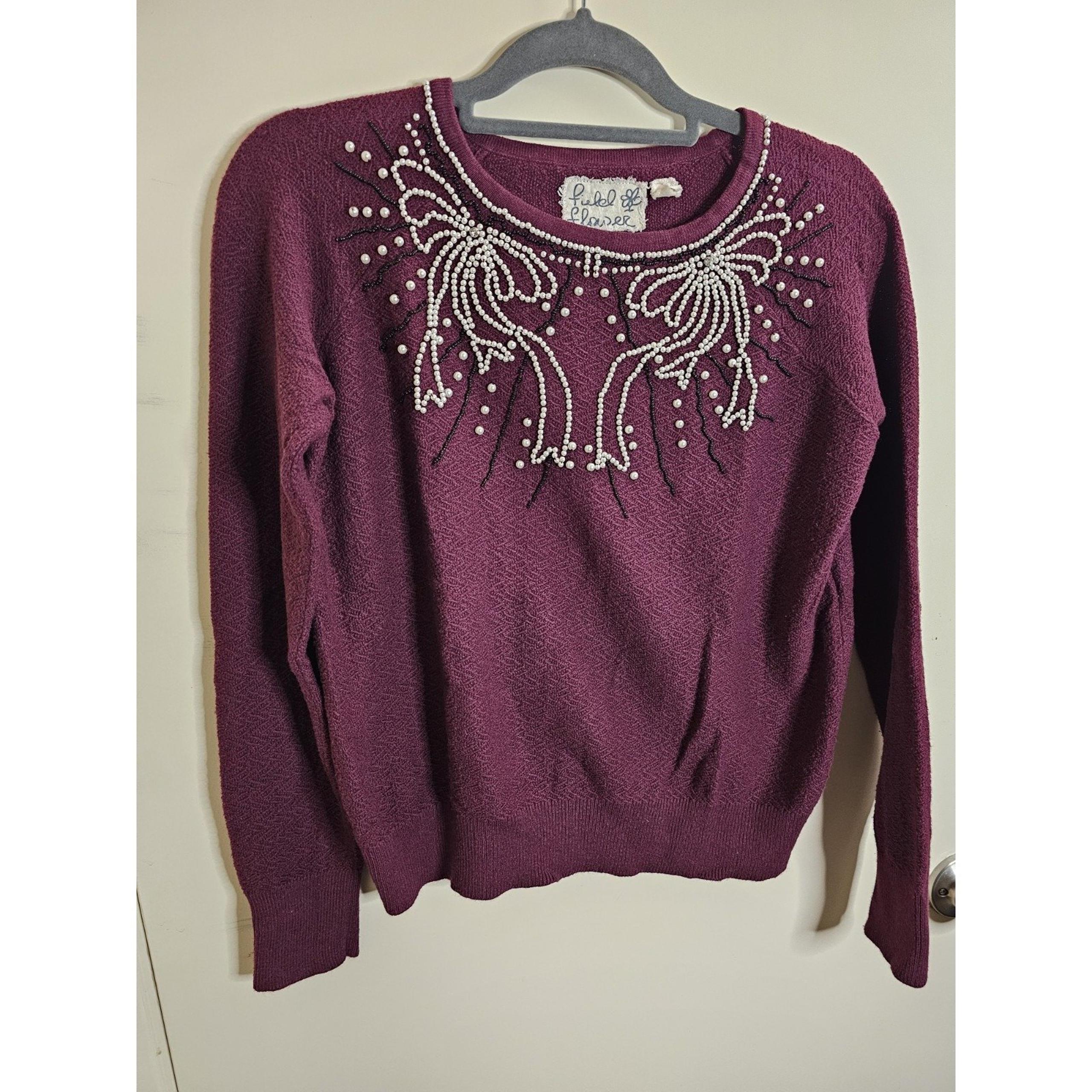 Anthropologie Field Flower Pearled Bow Pullover Sweater Size M
