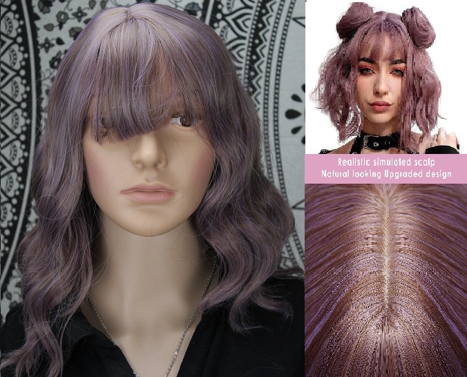 Mixed Taro Purple Gray Wavy Ombre Synthetic Human Hair Feel Heat Resistant Wig