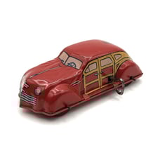 1940s CHEIN Pressed Tin Litho Wind Up Woodie Sedan w Rubber Tires 5.25 Working