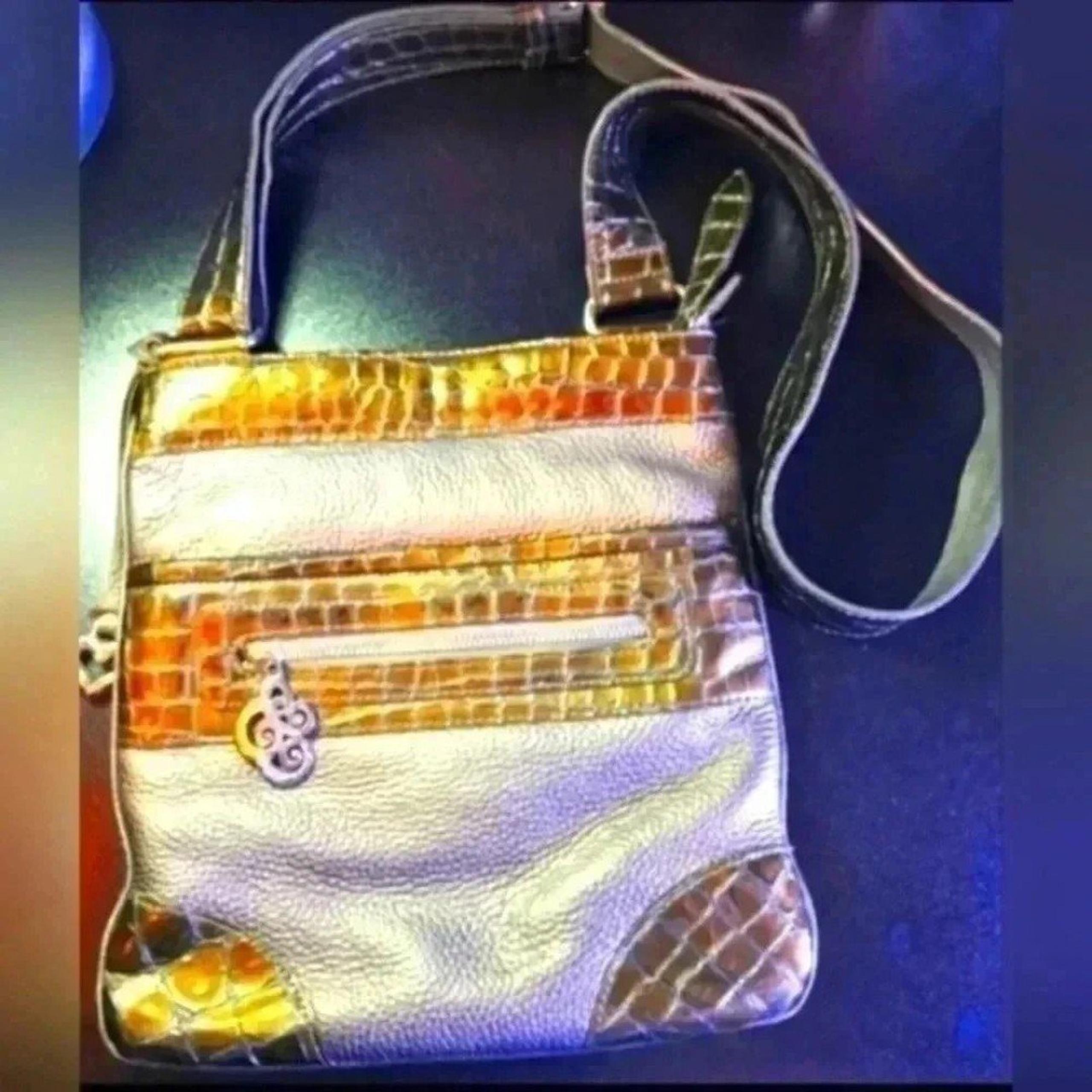 Vintage 90s Brighton Silver & Gold Patent Croc Metallic Boho Crossbody Purse Bag