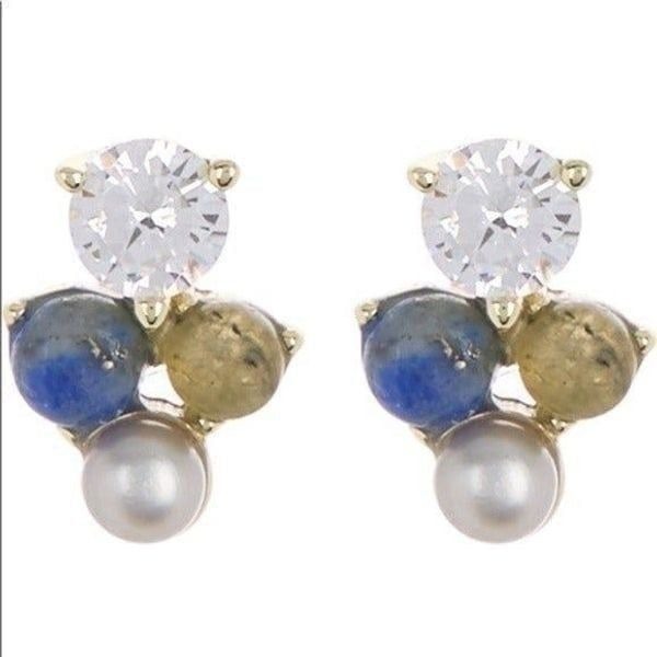 CAROLEE Stone & Freshwater Pearl Stud Earrings, Blue, Pearl & Gold, NWT