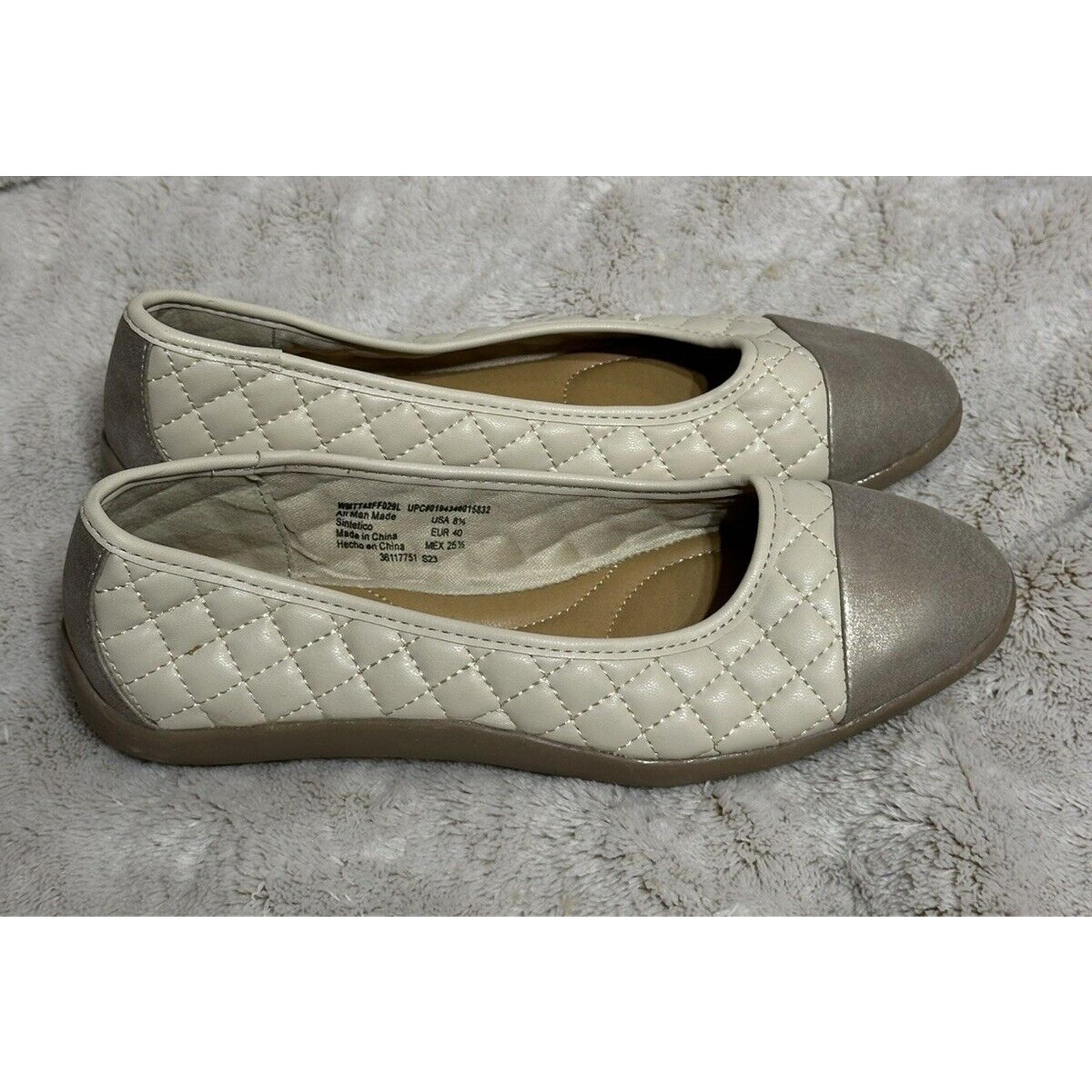 Time And Tru Ballet Flats Cap Toe Beige Quilted Slip On Shoes Women’s Size 8.5