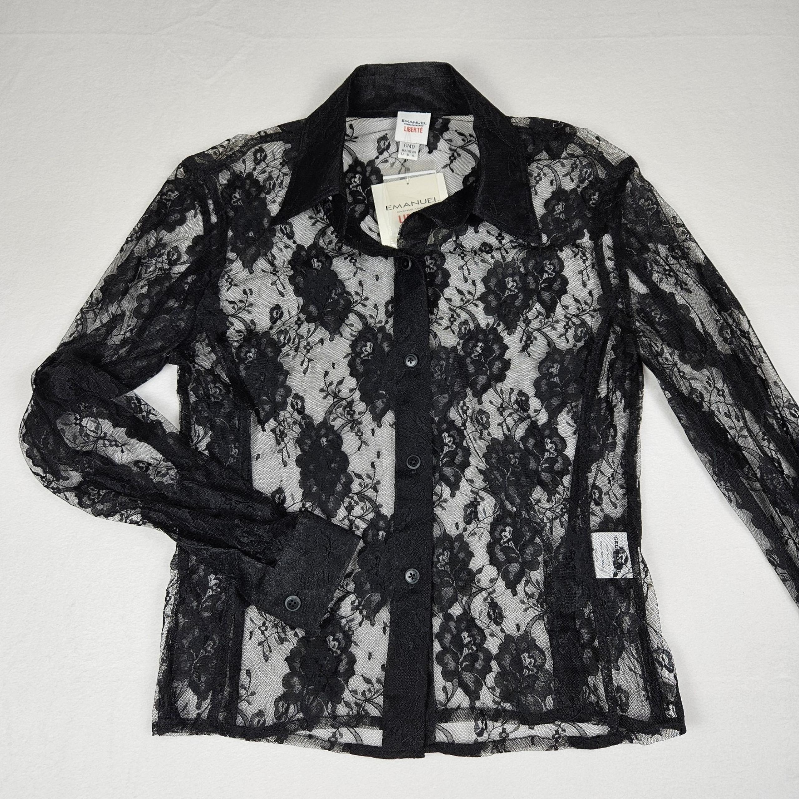 Y2K Emanuel Ungaro Sheer Floral Blouse 90s Black Embroidered Roses USA Womens 6