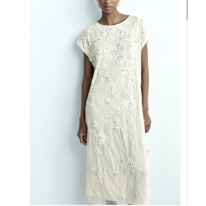 ZARA 229 MIDI BEADED KNIT DRESS Limited Edition ECRU WHITE S M NWT 7521/034