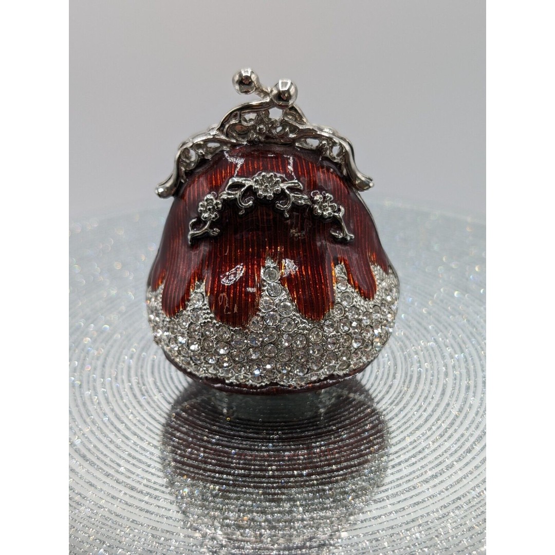 Lady Bug Purse Trinket Pill Jewelry Box Burgundy Enameled Rhinestone Bejeweled