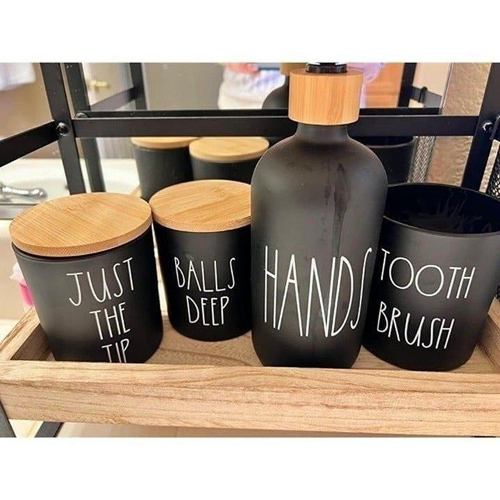 Black Bathroom Accessories, 5 Pcs Glass Bathroom Accessory Set with Bamboo Tray