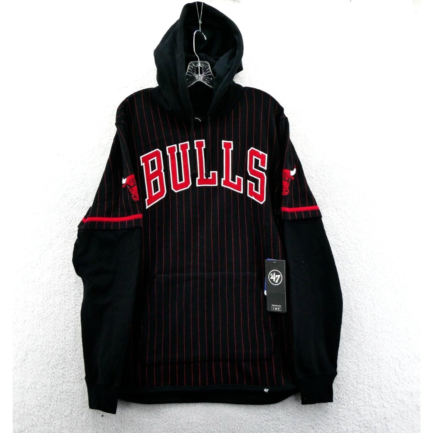 Chicago Bulls Hoodie Medium Mens Black Red Pinstripe '47 Brand Shortstop Top New