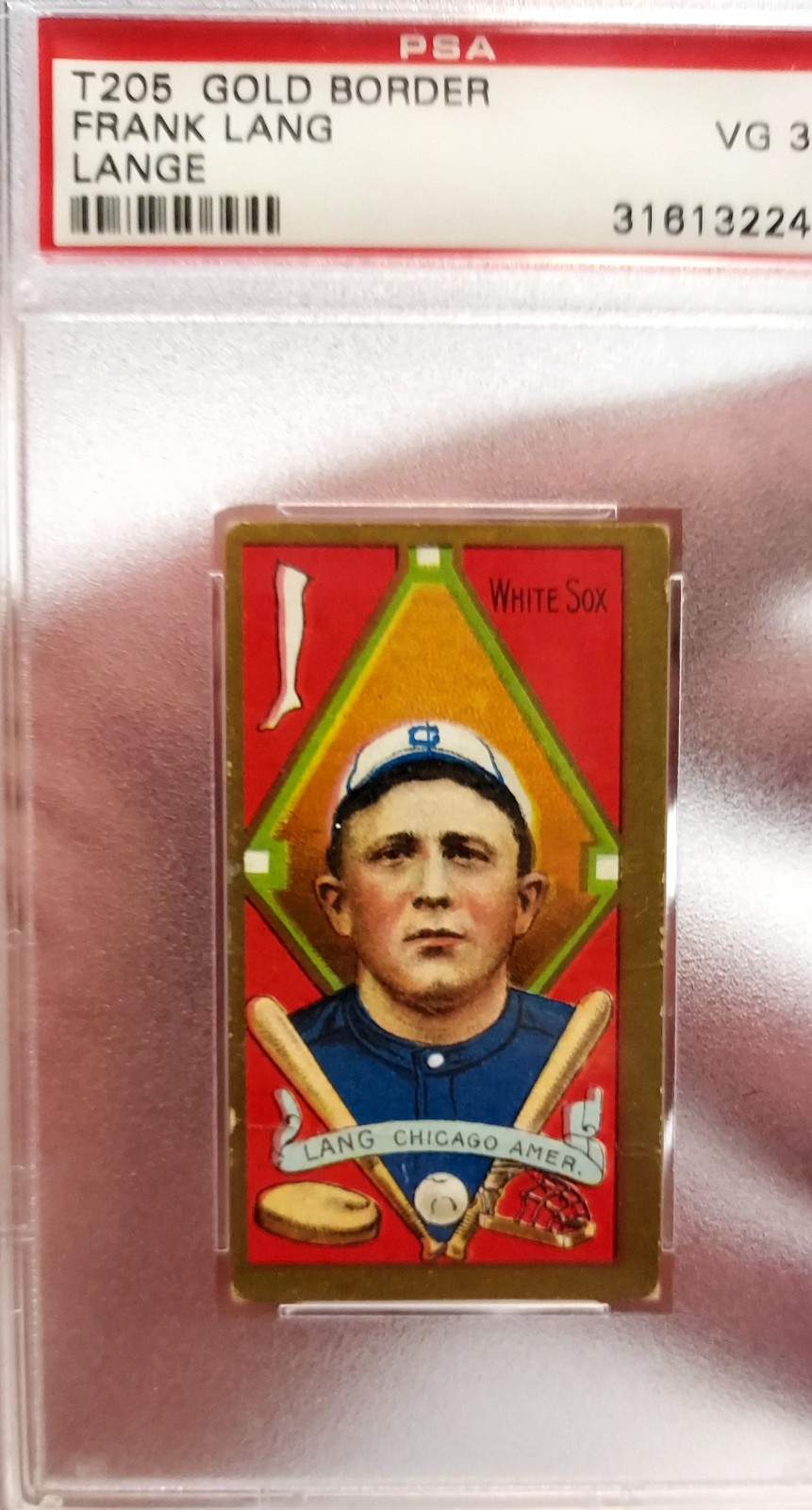 1911 T205 Frank Lang, PSA 3! Beautiful Color! Creased Across Name, Sweet Cap