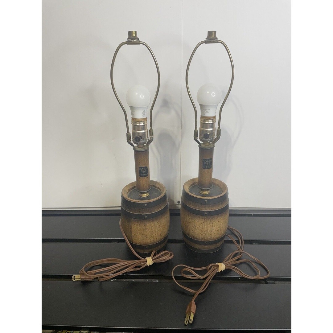 2 Vintage Whiskey Barrel Wooden Keg Accent Desk Lamps - Solid Oak Ranch Craft