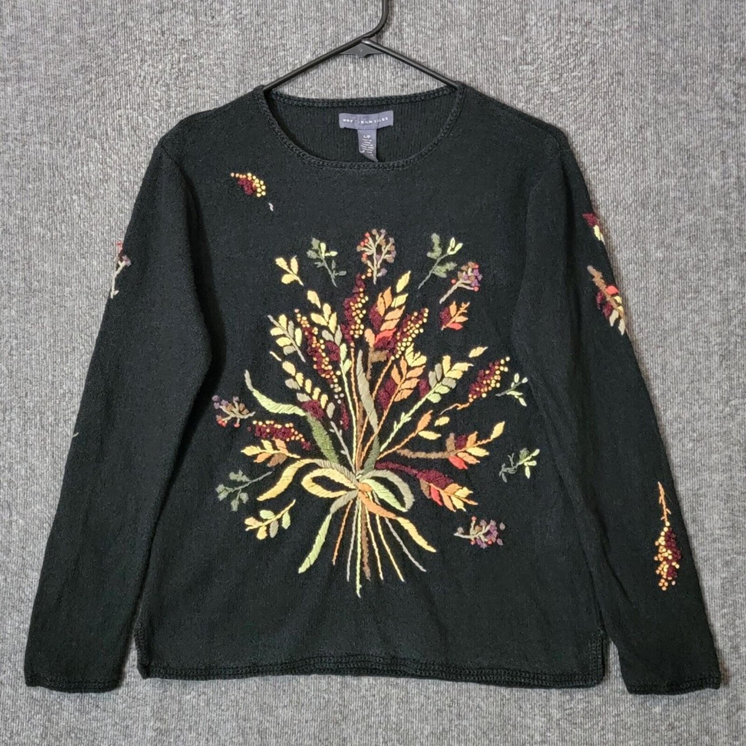 Northern Isles Sweater Womens Small Black Floral Embroidery Long Sleeve Knit