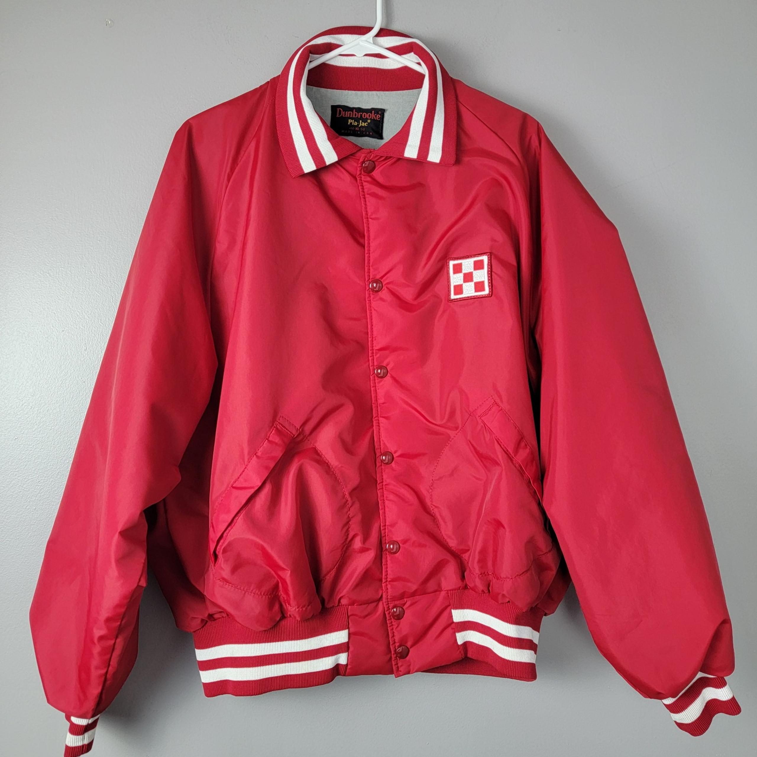 Pla-Jac by Dunbrooke Satin Variety Bomber Jacket Men XL Red USA Purina Dog Food.