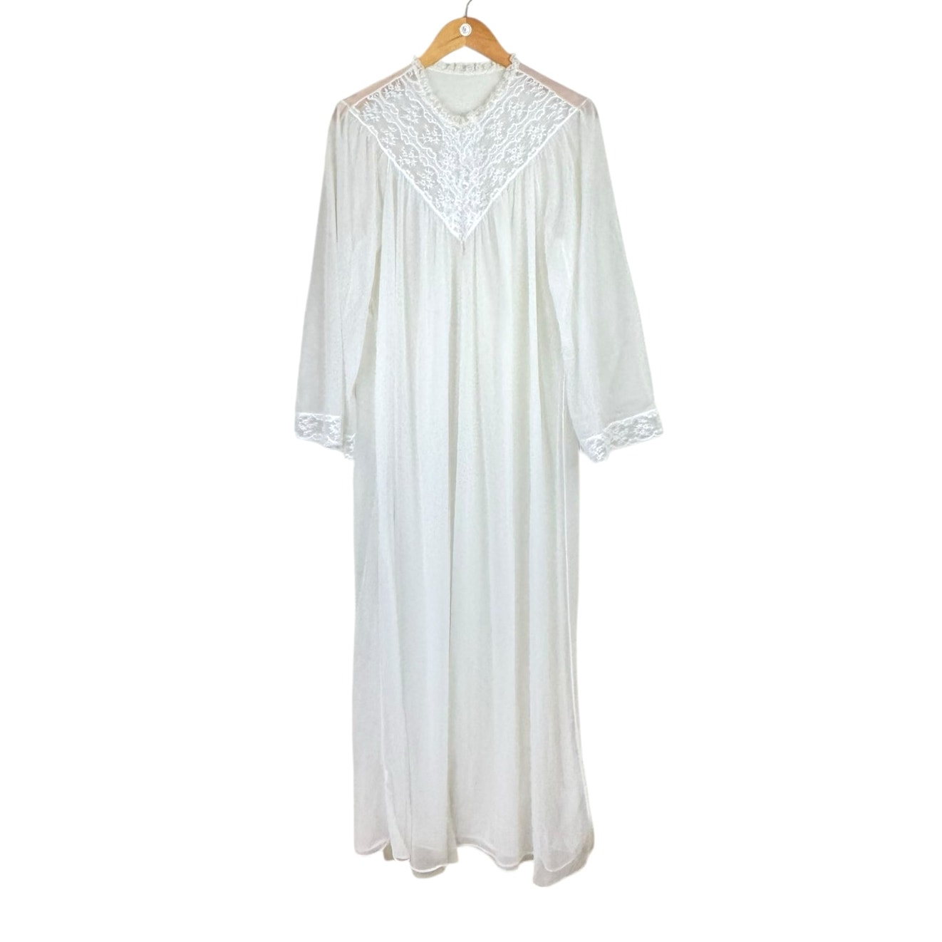 Vintage Sheer Long Sleeve Full Length Lace Cuffed and Collared Nightgown