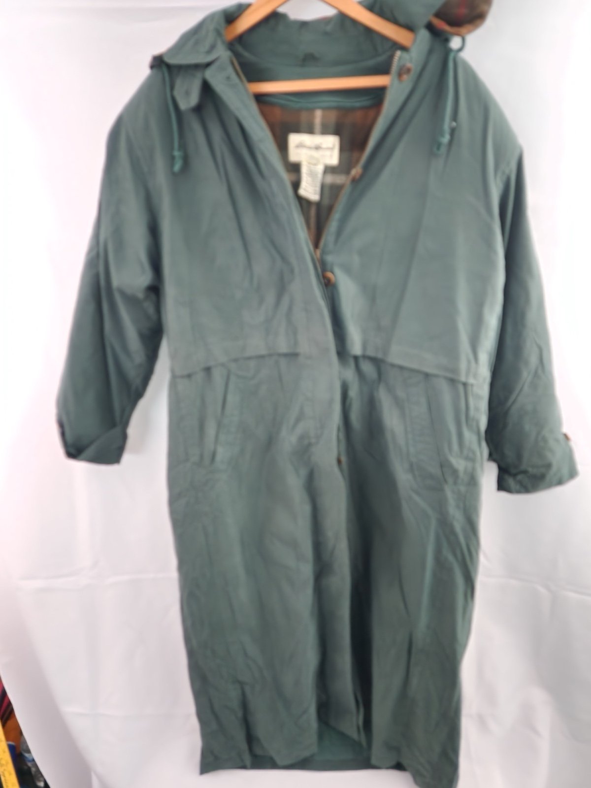 Eddie Bauer Vintage Green Detachable Liner Hooded Down Trench Coat Women's Large