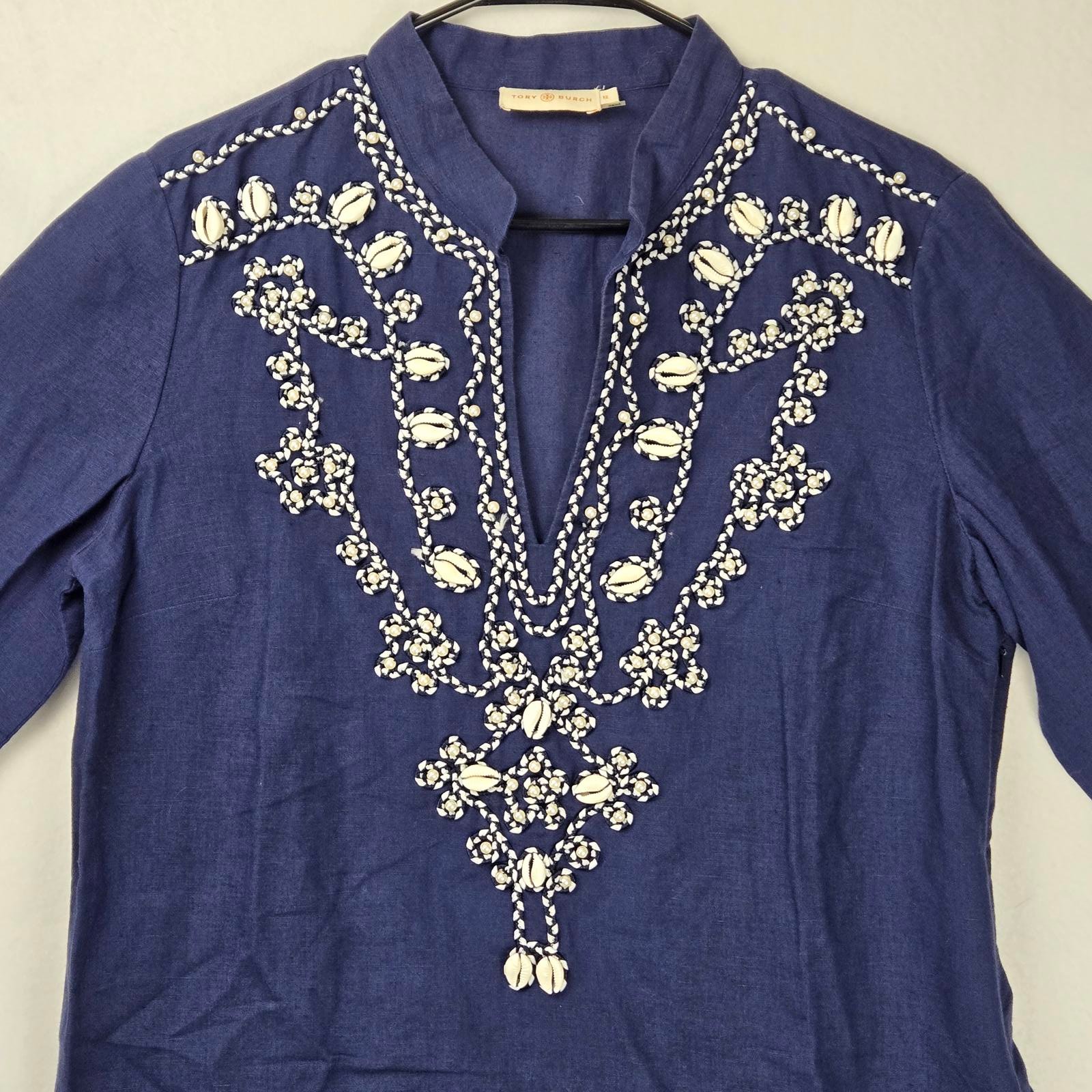 Tory Burch Navy Blue Shell Bead Embroidered Tunic Size 12 Linen Cotton Blend