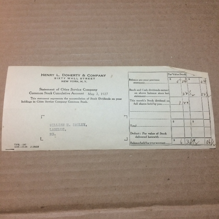 Vtg Ephemera 1927 Henry Doherty Wall Street William Bailey LaBelle MO Dividends