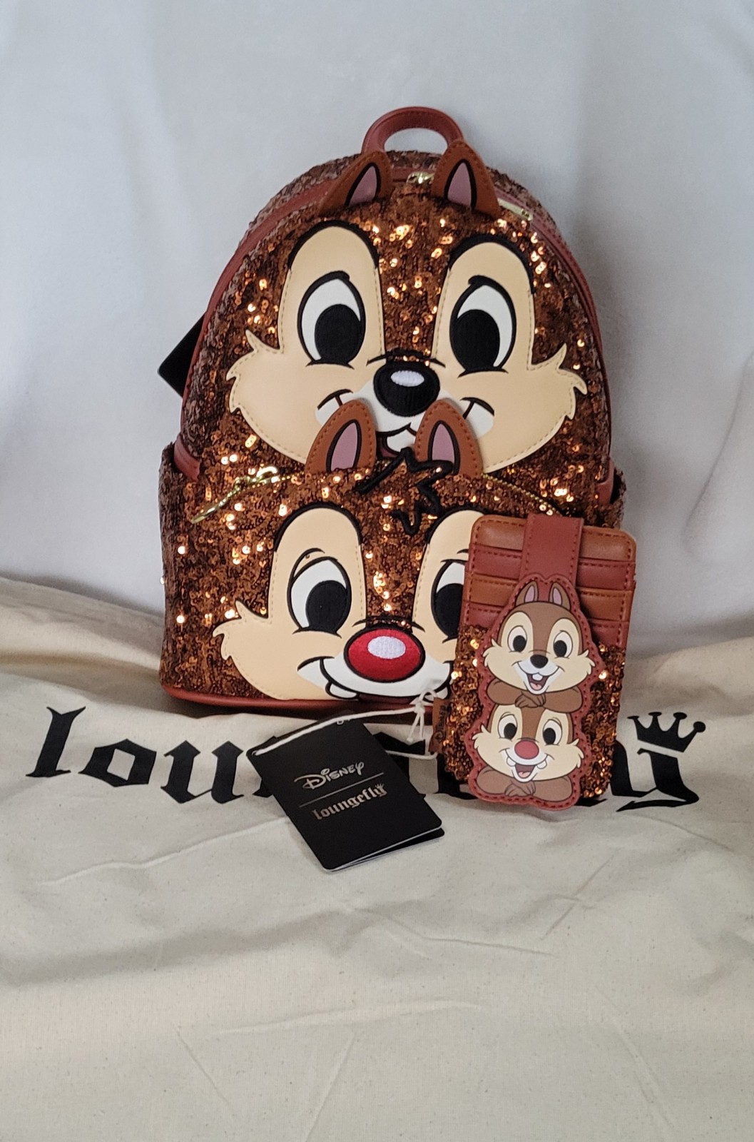 Loungefly Disney Chip n Dale sequin backpack and cardholder