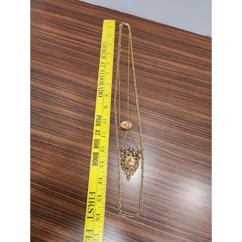 Renaissance Revival Couple Bolo Tie Gold Tone Pearl Double Strand Necklace Rare