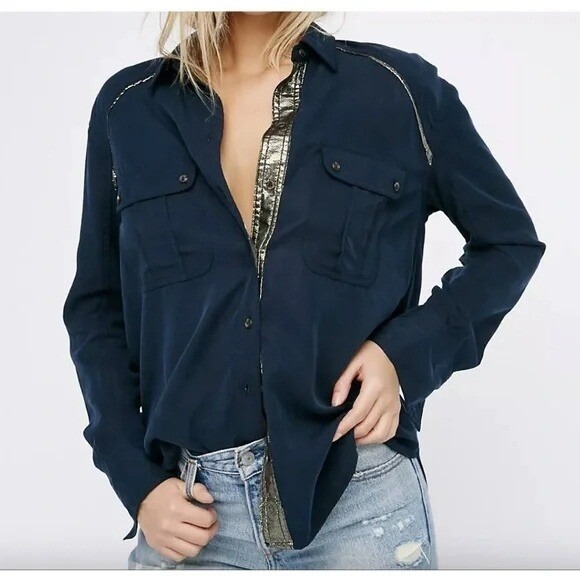 Free People Navy Button-Down Top Gold Trim Long Sleeve Blouse XS