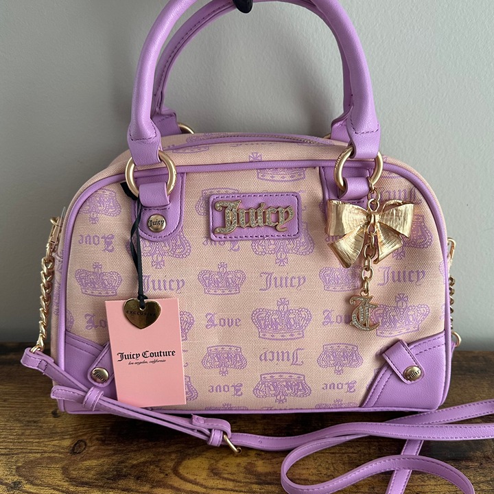 NWT Juicy Couture Vintage Couture Bowler Crossbody Beige Violet Tulle Purple