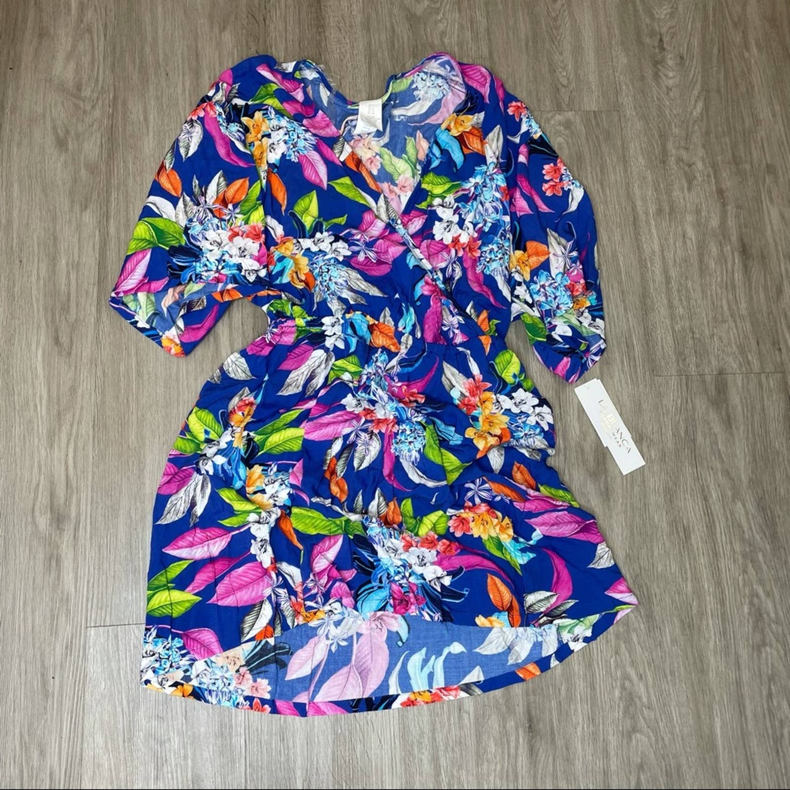 La Blanca Woman's Kimono Floral Design Short Sleeve Dress Swim Cover-up sz M
