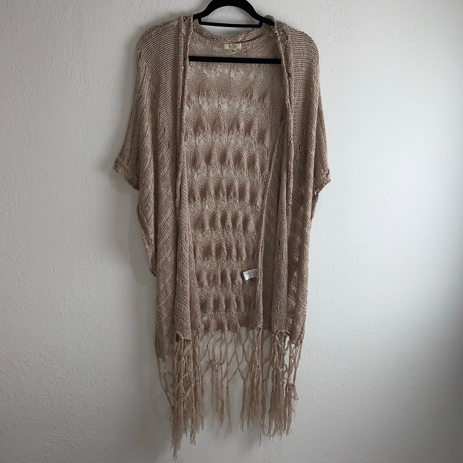 Kori Boho Knit Longline Fringe Trim Open Front Cardigan Sweater Kimono Topper I