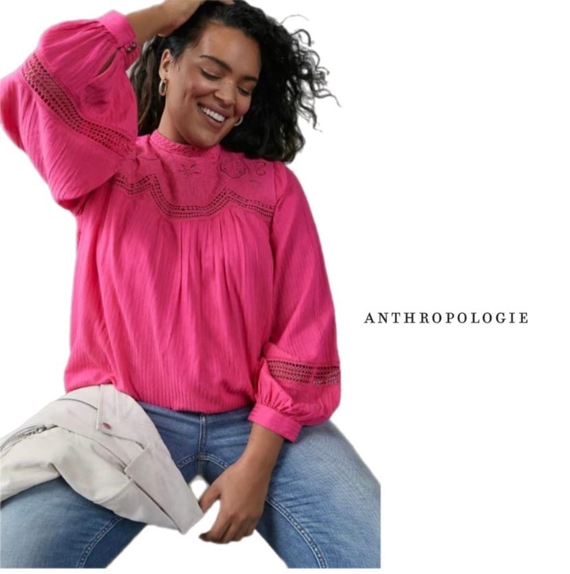 NEW Anthropologie Harmony Hot Pink Lace Embroidered Blouse