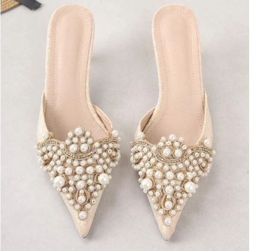HT Mesh Faux Pearl Decor Kitten Heeled Mules For Women L5