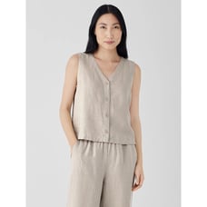 Eileen Fisher Womens Organic Linen Sleeveless Button-Front Beige Vest Top Sz 1X