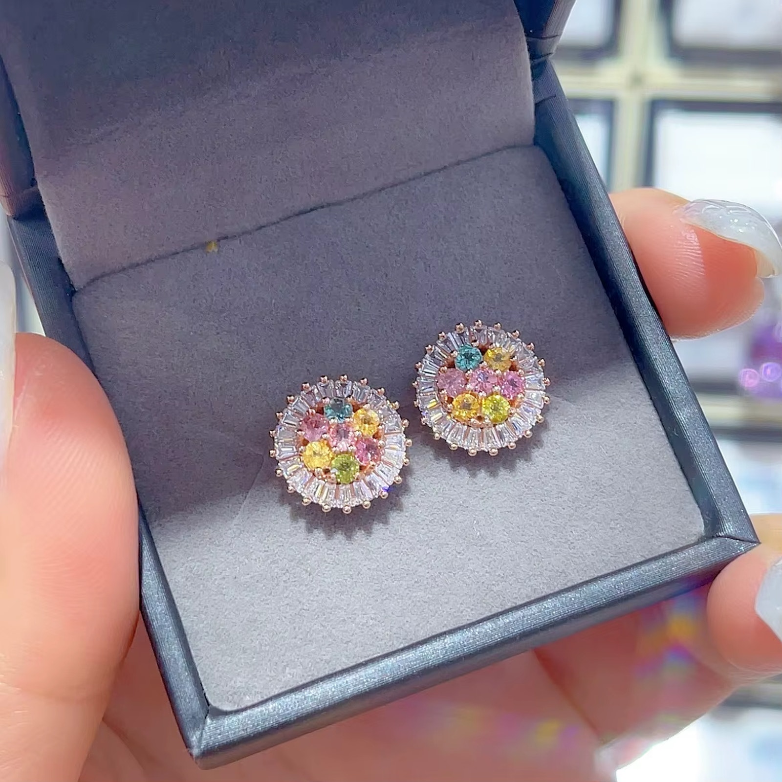 Natural Brazilian Tourmaline Cluster Earrings 925 Sterling Silver 12mm