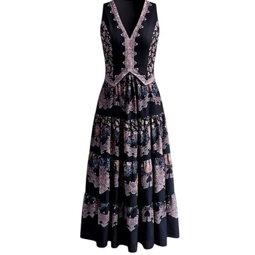 Commense Maxi Dress Bohemian Sleeveless Tiered Paisley Black Dress Size S